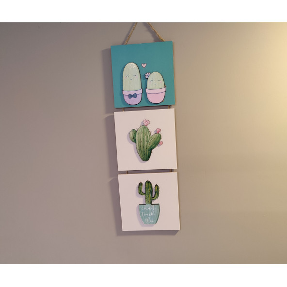 AYYBUU Kaktüs Tablo Dekoratif 3 Parça ipli Mdf Tablo