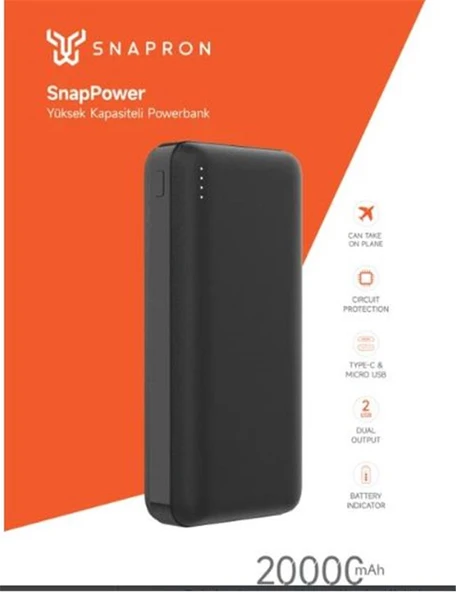 SNAPRON Snp 3002 Siyah Powerbank 20.000 Mah. Hızlı Şarj Özellikli. Usb Kablo Dahil - 2