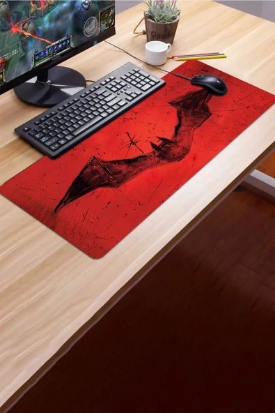 SonicTouch Yarasa Desenli Kırmızı Gamer Oyuncu Dikişsiz Sıvı Geçirmez Klavye Mouse Pad 32x70Cm - 3