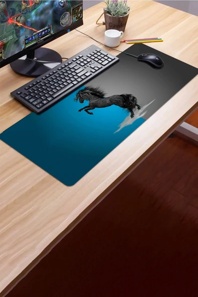 SonicTouch Şahlanan Ahal Teke Mavi Gri Gamer Oyuncu Dikişsiz Sıvı Geçirmez Klavye Mouse Pad 32x70Cm - 3