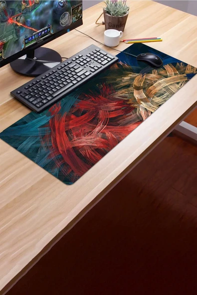 SonicTouch Soyut Renkli Çizgiler Gamer Oyuncu Dikişsiz Sıvı Geçirmez Klavye Mouse Pad 32x70Cm - 3
