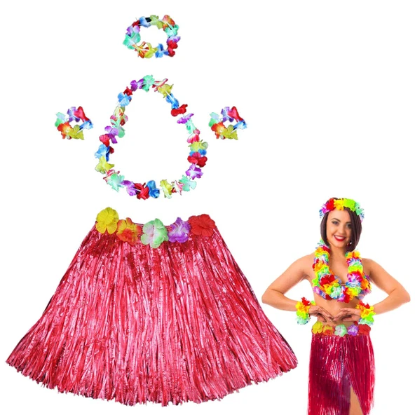 Hawaii Dans Kostümü – Kırmızı Hula Etek Çiçek Kolye Seti