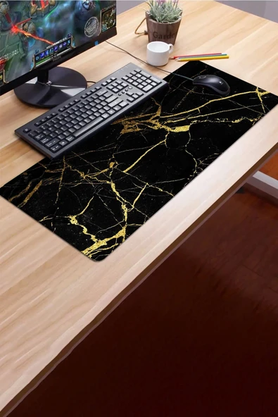 SonicTouch Siyah Mermer Sarı Çizgili Gamer Oyuncu Dikişsiz Sıvı Geçirmez Klavye Mouse Pad 32x70Cm - 3