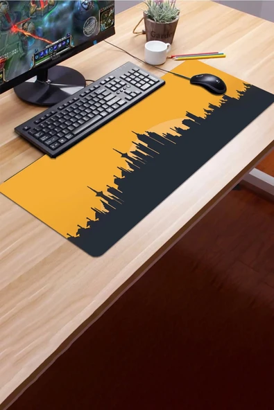SonicTouch Şehir Silüeti Temalı Sarı Siyah Gamer Oyuncu Dikişsiz Sıvı Geçirmez Klavye Mouse Pad 32x70Cm - Resim 3