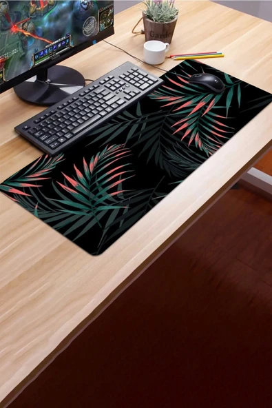 SonicTouch Bohem Palmiye Yaprakları Siyah Gamer Oyuncu Dikişsiz Sıvı Geçirmez Klavye Mouse Pad 32x70Cm - 3