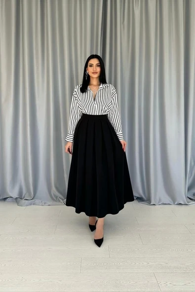 Siyah Uzun Pileli Etek