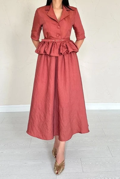 Moccah İnce Kemerli Fırfırlı Ceket Ve Büzgülü Etek Takım - Resim 4