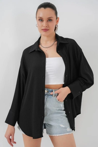 Örme Oversize Gömlek 20264 - Siyah ürün görseli