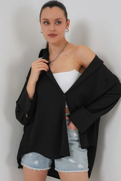 Örme Oversize Gömlek 20264 - Siyah - Resim 2
