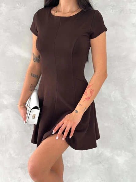 Kısa Kollu Mini Elbise - Kahverengi - Resim 3