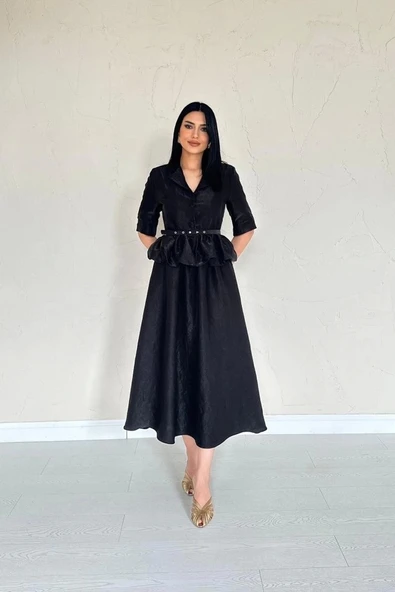 Siyah İnce Kemerli Fırfırlı Ceket Ve Büzgülü Etek Takım - 3