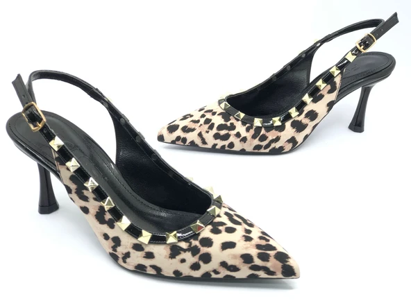 Feles Zımba Şerit Detaylı Arkası Açık Stiletto Kadın Topuklu Ayakkabı - Resim 9