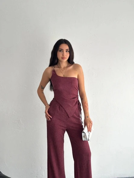 Asimetrik Crop Pantalon Ikili Takım - Gül Kurusu - Resim 4