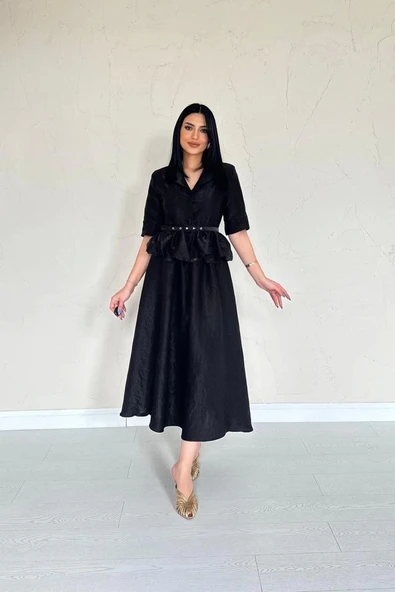 Siyah İnce Kemerli Fırfırlı Ceket Ve Büzgülü Etek Takım