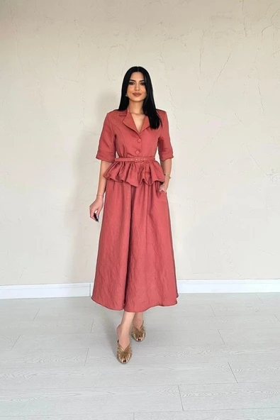 Moccah İnce Kemerli Fırfırlı Ceket Ve Büzgülü Etek Takım - Resim 3