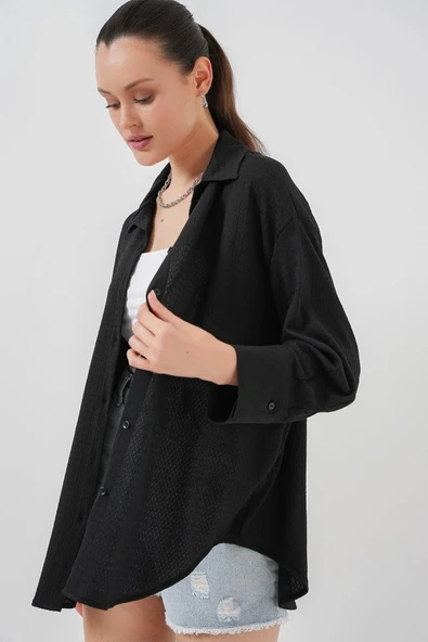 Örme Oversize Gömlek 20264 - Siyah - Resim 4