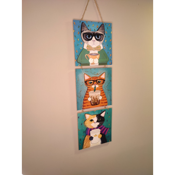 AYYBUU Kedi Tablo Dekoratif 3 Parça İpli Mdf tablo