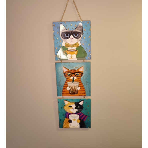 AYYBUU Kedi Tablo Dekoratif 3 Parça İpli Mdf tablo - 2