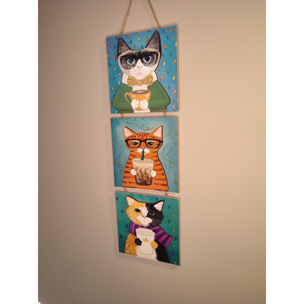 AYYBUU Kedi Tablo Dekoratif 3 Parça İpli Mdf tablo - 3