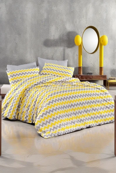 MORRİVAL TEK KİŞİLİK SARI ZİKZAK NEVRESİM SETİ, 155X215 NEVRESİM + YASTIK KILIFI
