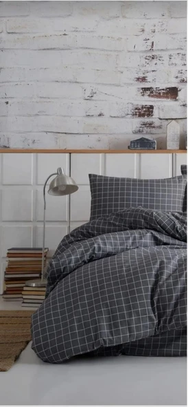 MORRİVAL TEK KİŞİLİK FÜME KARELİ NEVRESİM SETİ, 155X215 NEVRESİM + YASTIK KILIFI