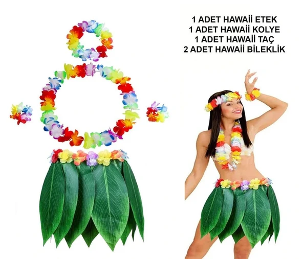 Nessiworld Yetişkin Hawaii Kostüm Seti - Yaprak Etek & Hawaii Set - 5 Parça