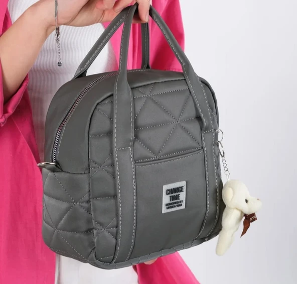 GRİ KADIN KAPİTONE KOL VE OMUZ ÇANASI AYICIK ANAHTARLIK HEDİYELİ - Resim 3