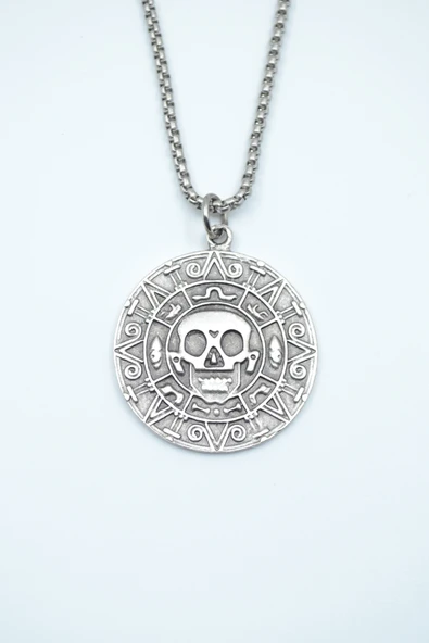Aztec Karayip Korsanları Madalyon Gümüş Kaplama Örme Zincir Kolye ürün görseli 1