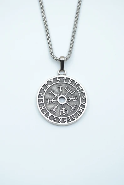 Vegvisir Pusula - Viking Sembol Gümüş Kaplama Örme Zincir Kolye