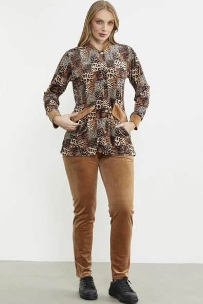 Leopar Desenli Tunik Kadife Takım - Kamel - Resim 4