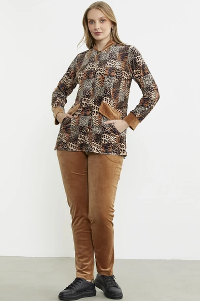 Leopar Desenli Tunik Kadife Takım - Kamel - Resim 2