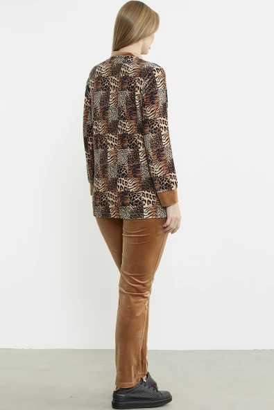 Leopar Desenli Tunik Kadife Takım - Kamel - Resim 6
