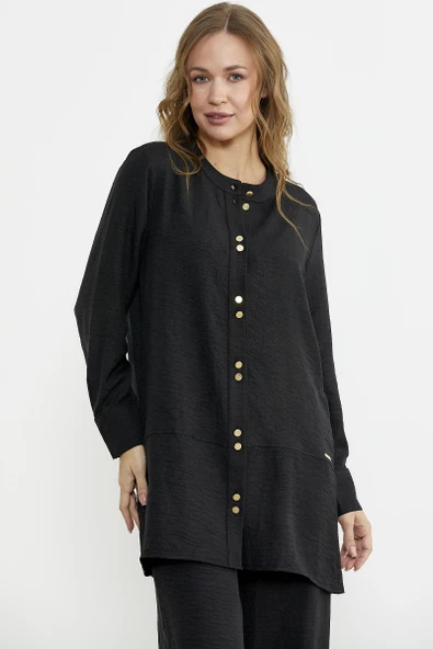 Keten Görünümlü Gömlek Pantolon Takım - Siyah - 2