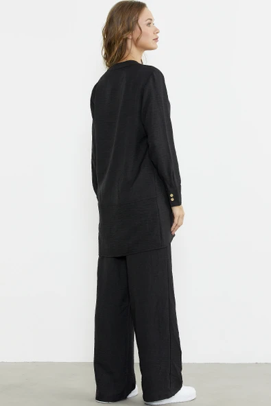 Keten Görünümlü Gömlek Pantolon Takım - Siyah - 6