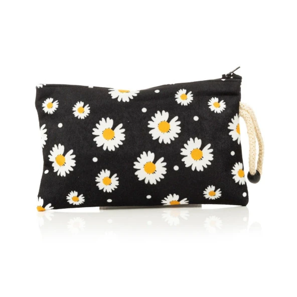 Siyah Papatya Baskılı Bez Kalemlik Fermuarlı Cüzdan Makyaj Çantası