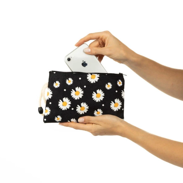 Siyah Papatya Baskılı Bez Kalemlik Fermuarlı Cüzdan Makyaj Çantası - 2