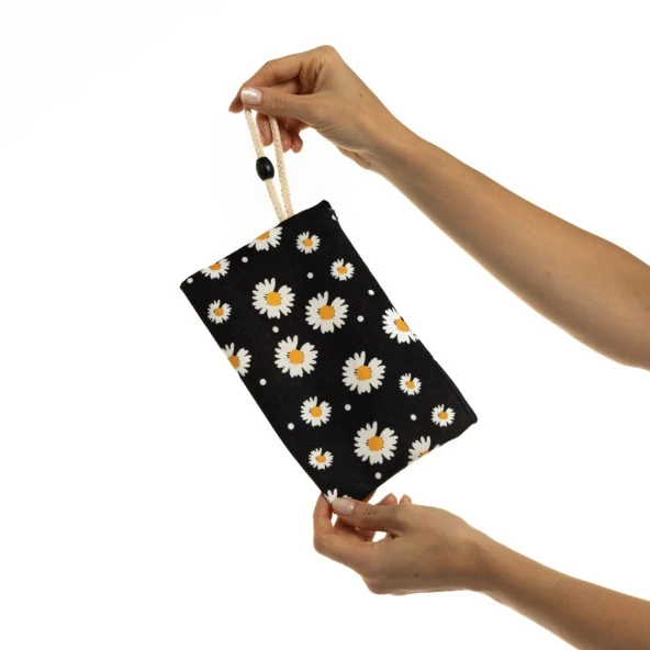 Siyah Papatya Baskılı Bez Kalemlik Fermuarlı Cüzdan Makyaj Çantası - 3