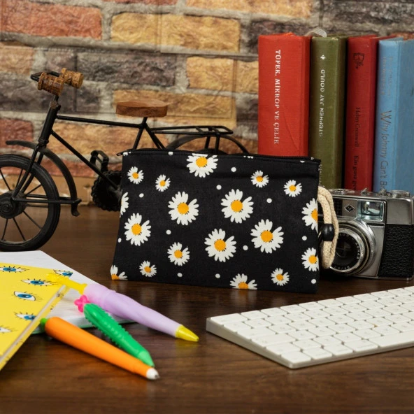 Siyah Papatya Baskılı Bez Kalemlik Fermuarlı Cüzdan Makyaj Çantası - 4