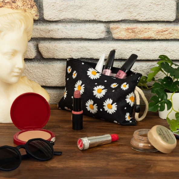 Siyah Papatya Baskılı Bez Kalemlik Fermuarlı Cüzdan Makyaj Çantası - 5