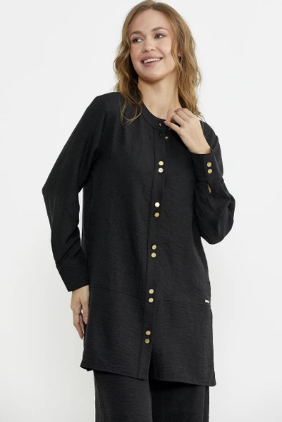 Keten Görünümlü Gömlek Pantolon Takım - Siyah - 4