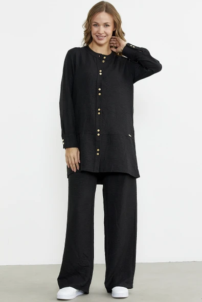Keten Görünümlü Gömlek Pantolon Takım - Siyah - 3
