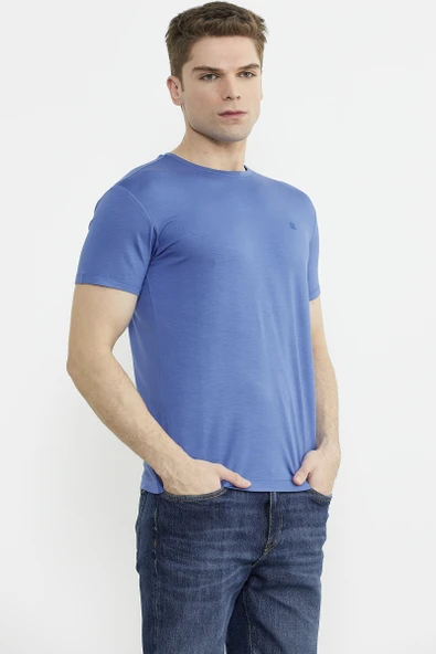 Sıfır Yaka Basic Tişört - Saks - 3