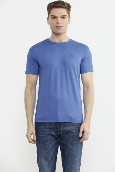 Sıfır Yaka Basic Tişört - Saks