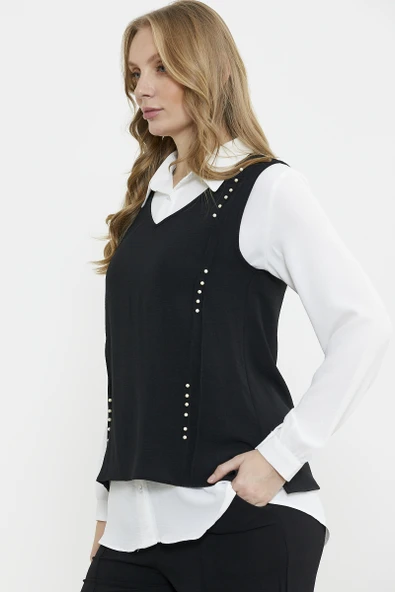 İnci Detaylı Üçlü Viskon Takım - Siyah - Resim 3