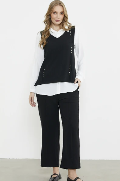 İnci Detaylı Üçlü Viskon Takım - Siyah ürün görseli 1