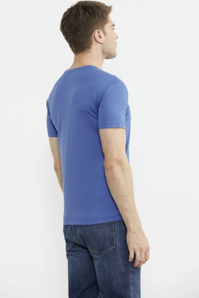 Sıfır Yaka Basic Tişört - Saks - 4