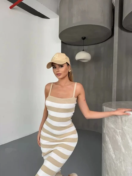 Cizgili Triko Askılı Elbise- Bej - Resim 4