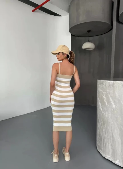 Cizgili Triko Askılı Elbise- Bej - Resim 6