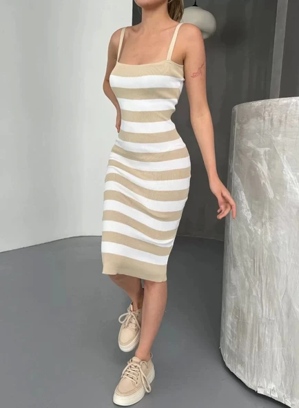 Cizgili Triko Askılı Elbise- Bej - Resim 5
