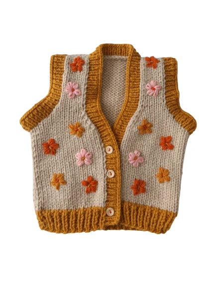 Çiçek İşlemeli El Örgüsü Bebek Yeleği 1-2 yaş